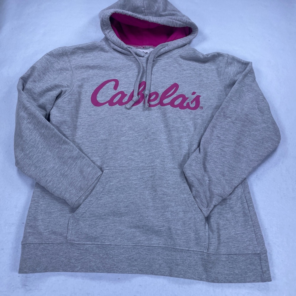 Cabelas Womens Hoodie Gray Pink Script Logo Pullover Sweatshirt Medium